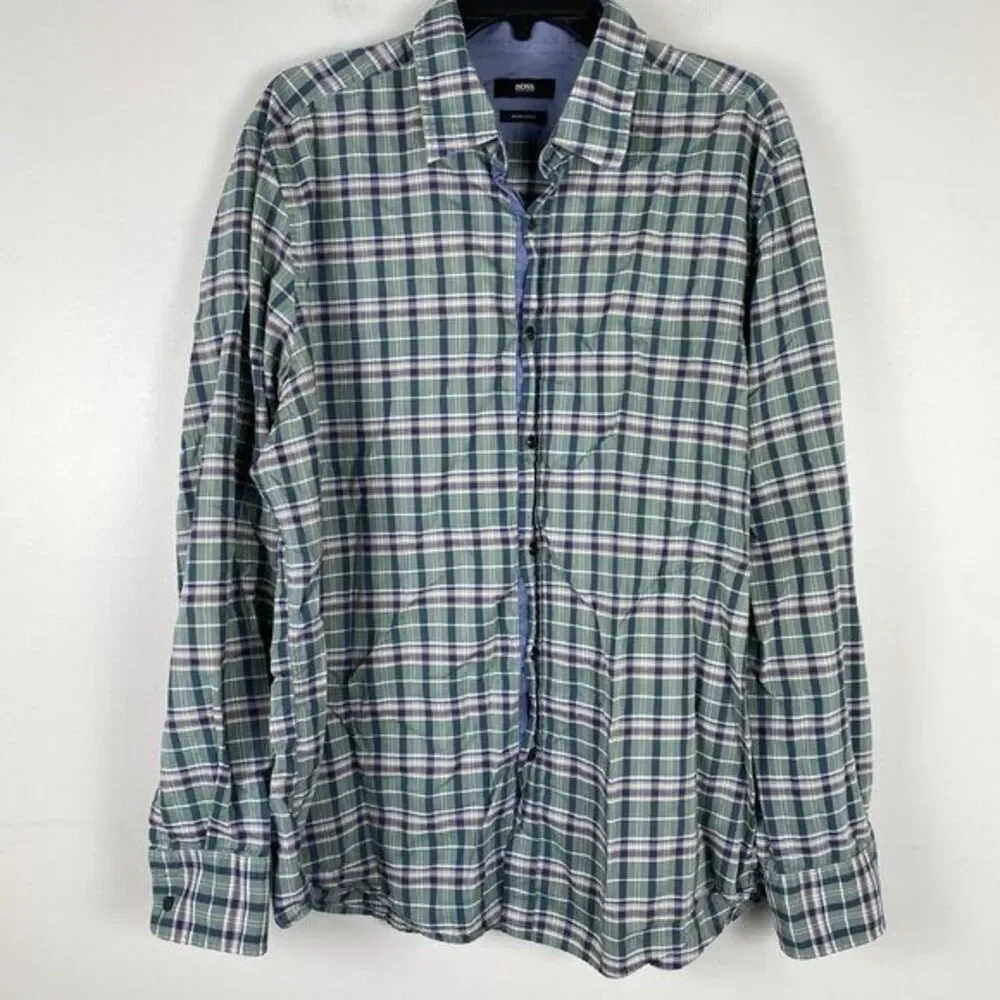 Hugo Boss Mens Plaid Shirt Button Up Sz XL Preppy Work Business Casual